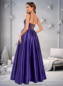 Tamia Ball-Gown/Princess Scoop Floor-Length Satin Prom Dresses With Appliques Lace Beading XXBP0025865