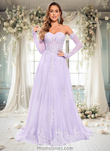 Braelyn A-line Sweetheart Sweep Train Tulle Prom Dresses With Sequins Appliques Lace XXBP0025856