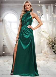 Madilyn A-line Halter Floor-Length Stretch Satin Bridesmaid Dress With Ruffle XXBP0025817