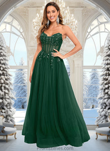 Trudie Ball-Gown/Princess V-Neck Floor-Length Tulle Prom Dresses With Sequins Appliques Lace XXBP0025837