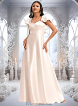 Load image into Gallery viewer, Norah A-line V-Neck Floor-Length Stretch Satin Bridesmaid Dress With Bow XXBP0025759