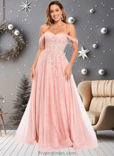 Load image into Gallery viewer, Mariah A-line Sweetheart Off the Shoulder Floor-Length Tulle Floral Lace Prom Dresses With Appliques Lace XXBP0025870