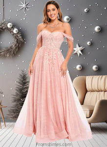 Mariah A-line Sweetheart Off the Shoulder Floor-Length Tulle Floral Lace Prom Dresses With Appliques Lace XXBP0025870