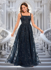 Claudia A-line Square Floor-Length Organza Lace Floral Prom Dresses With Sequins XXBP0025844