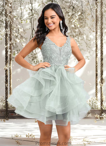 Madison Ball-Gown/Princess V-Neck Short Tulle Lace Homecoming Dress XXBP0025671