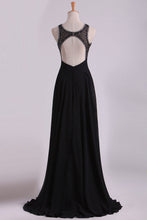 Load image into Gallery viewer, 2024 Black Open Back Prom Dresses Scoop A Line Chiffon With Beading