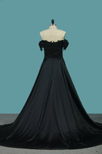 Load image into Gallery viewer, 2024 Off The Shoulder Stretch Satin Prom Dresses A Line With Applique And Slit