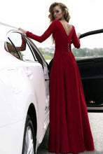 Load image into Gallery viewer, Burgundy Prom Dresses With Slit V Neck Cheap Long Sleeve Prom Dress Evening Dress