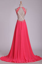 Load image into Gallery viewer, 2024 Sexy Open Back Halter A Line Prom Dresses Chiffon With Applique Sweep Train