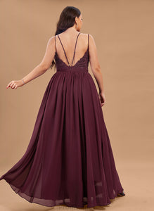 Lace With V-neck Floor-Length Prom Dresses Ruffle Ashlyn A-Line Chiffon