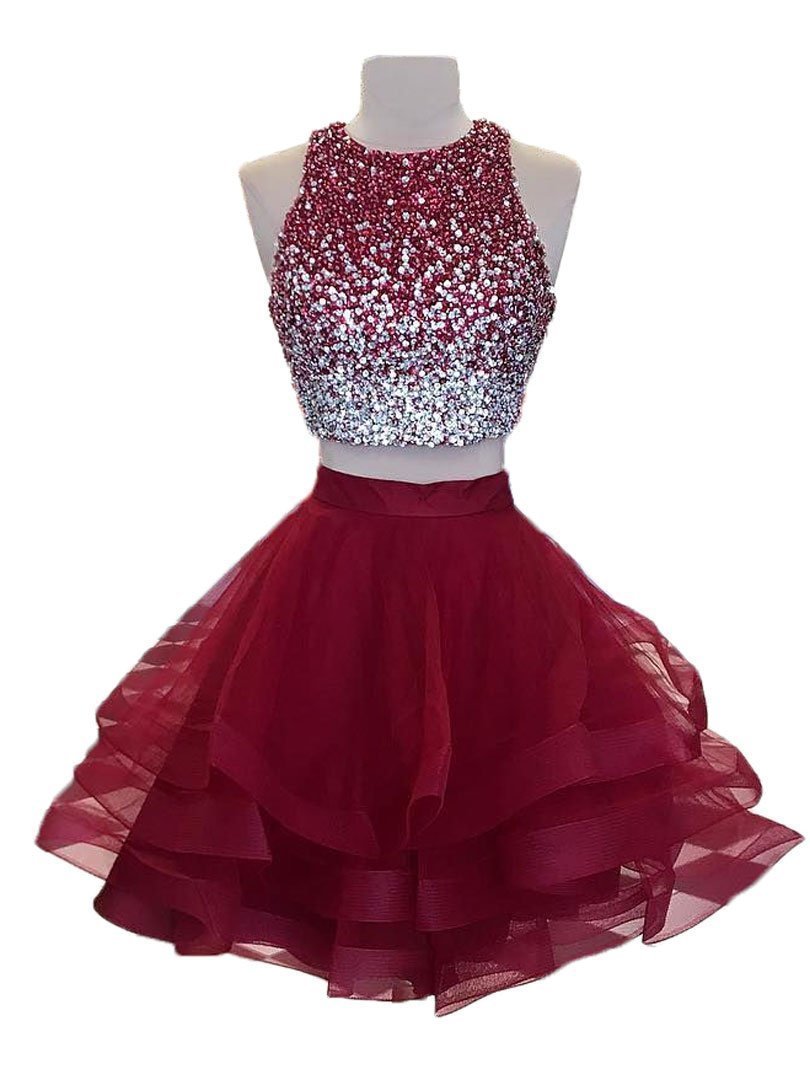 Jewel Two Pieces Homecoming Dresses A Line Harley Sleeveless Rhinestone Organza Ruffles Backless