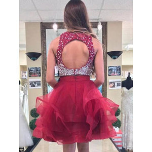 Jewel Two Pieces Homecoming Dresses A Line Harley Sleeveless Rhinestone Organza Ruffles Backless