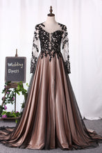 Load image into Gallery viewer, 2024 Evening Dresses Scoop Long Sleeves A Line Tulle With Applique And Slit