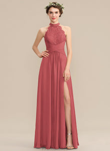 Ruffle Chiffon Lace Front Neck With Split Mallory Floor-Length High A-Line Prom Dresses