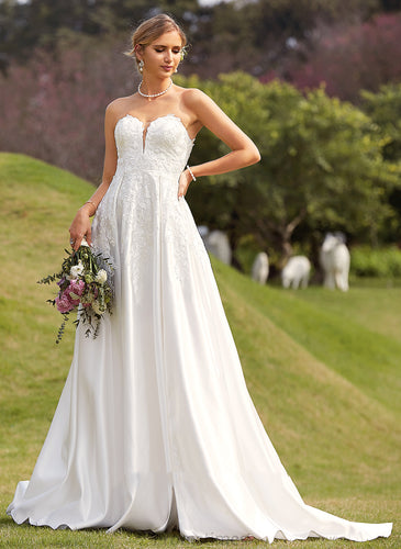 Ball-Gown/Princess Chapel Front Aaliyah With Wedding Lace Split Sweetheart Train Dress Wedding Dresses Satin