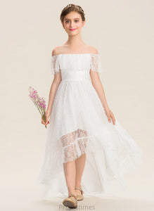 A-Line Catherine Junior Bridesmaid Dresses Off-the-Shoulder Asymmetrical Lace