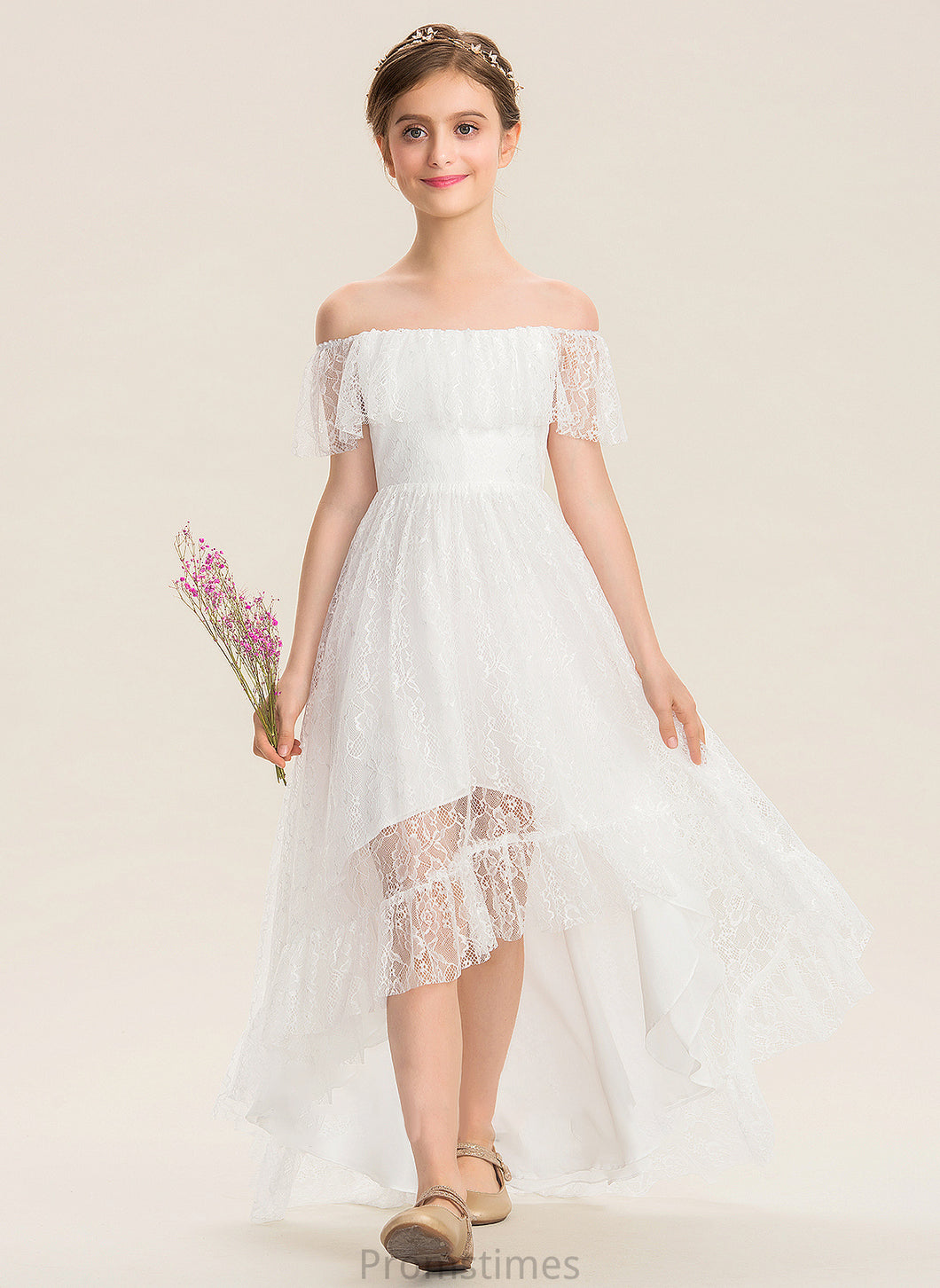 A-Line Catherine Junior Bridesmaid Dresses Off-the-Shoulder Asymmetrical Lace