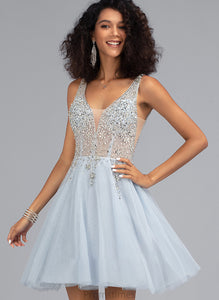 Beading A-Line Short/Mini Janiyah With Tulle Prom Dresses V-neck