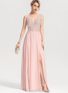 Chiffon With Beading Sequins A-Line Split Georgia Front V-neck Floor-Length Prom Dresses