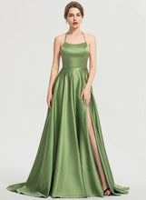 Load image into Gallery viewer, Train Front Summer Sweep Prom Dresses Satin Split A-Line Scoop With Neck