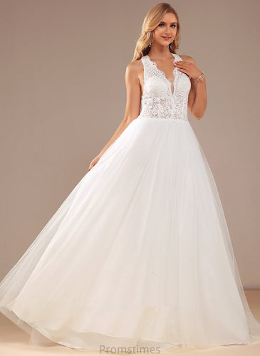 Tulle Train Court Dress Wedding Ball-Gown/Princess Wedding Dresses Sequins Lace Mareli With V-neck Lace