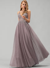 Load image into Gallery viewer, With Lace V-neck Beading Floor-Length Liliana Sequins Tulle A-Line Prom Dresses