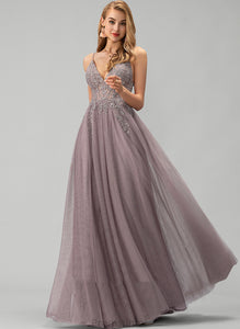 With Lace V-neck Beading Floor-Length Liliana Sequins Tulle A-Line Prom Dresses