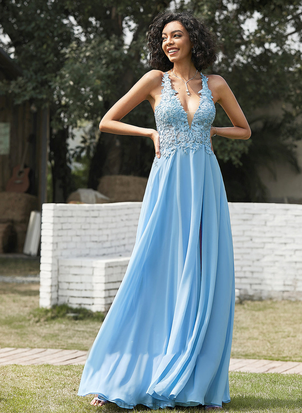 With A-Line Lace Floor-Length Chiffon Lydia V-neck Prom Dresses