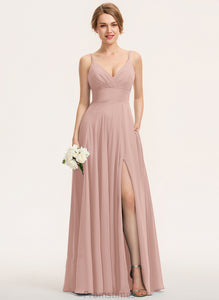 V-neck Ruffle Chiffon Prom Dresses A-Line Amber Floor-Length With