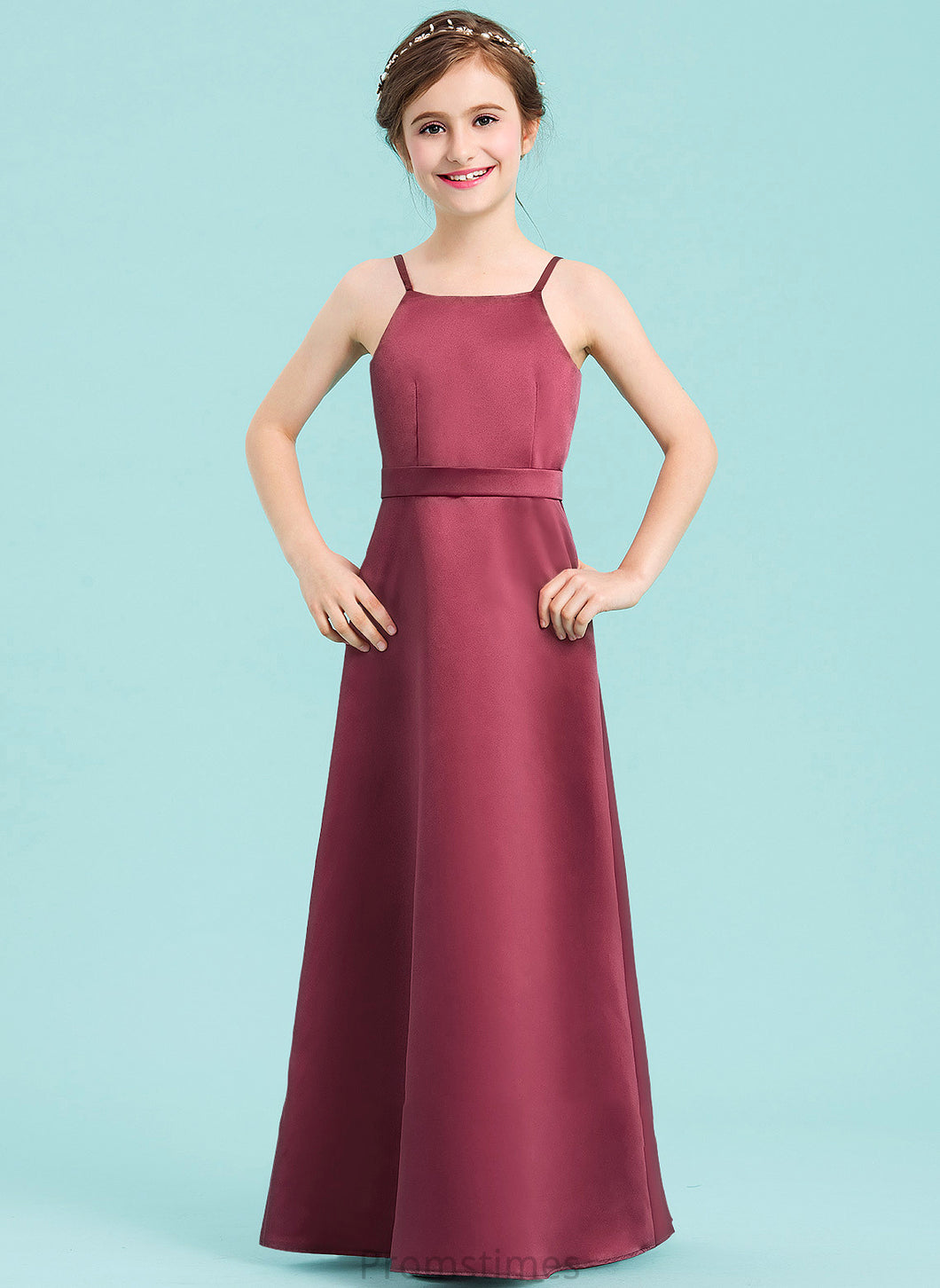 A-Line Satin Jenna Bow(s) Neckline Floor-Length Junior Bridesmaid Dresses With Square