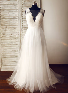 Train Wedding Dresses V-neck Sweep Wedding A-Line Kaleigh Dress Tulle