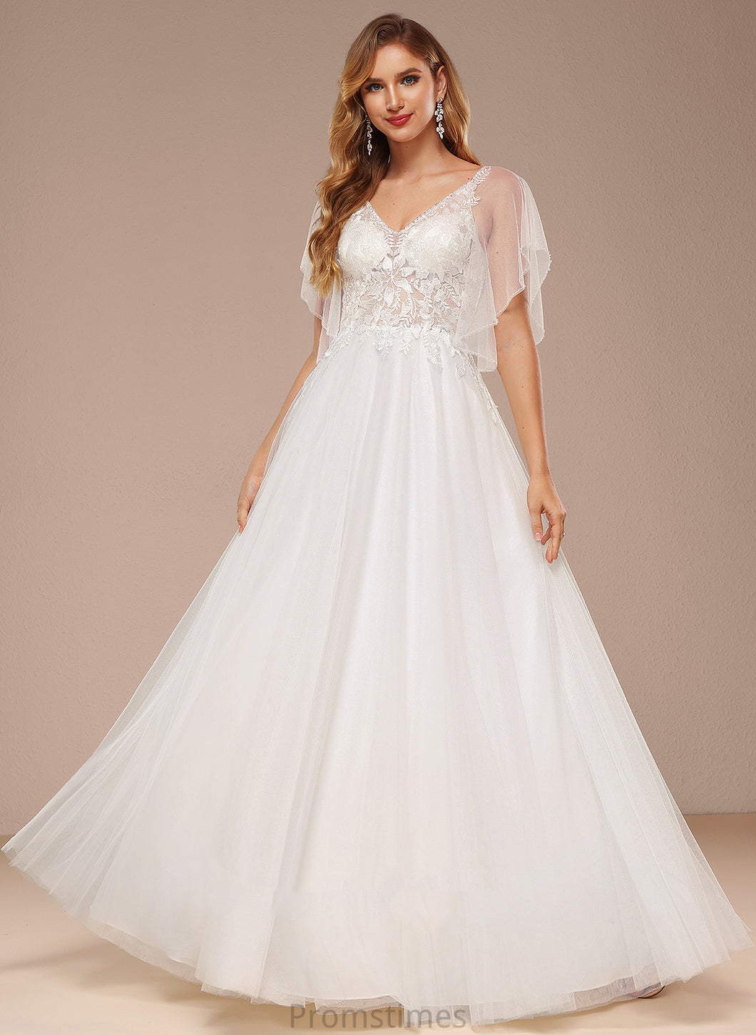 With Sequins Wedding Dresses V-neck Floor-Length Wedding Ruffle Lace Baylee A-Line Dress Tulle