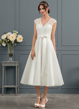 Load image into Gallery viewer, Satin Wedding Dresses Dress V-neck With Madisyn Tea-Length Wedding A-Line Bow(s)