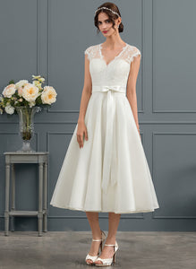 Satin Wedding Dresses Dress V-neck With Madisyn Tea-Length Wedding A-Line Bow(s)