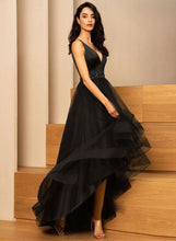 Load image into Gallery viewer, A-Line Beading Joan With Prom Dresses V-neck Tulle Asymmetrical Satin