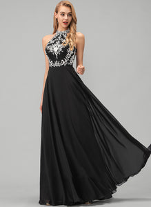 A-Line Henrietta Floor-Length With Lace Chiffon Prom Dresses Scoop Neck