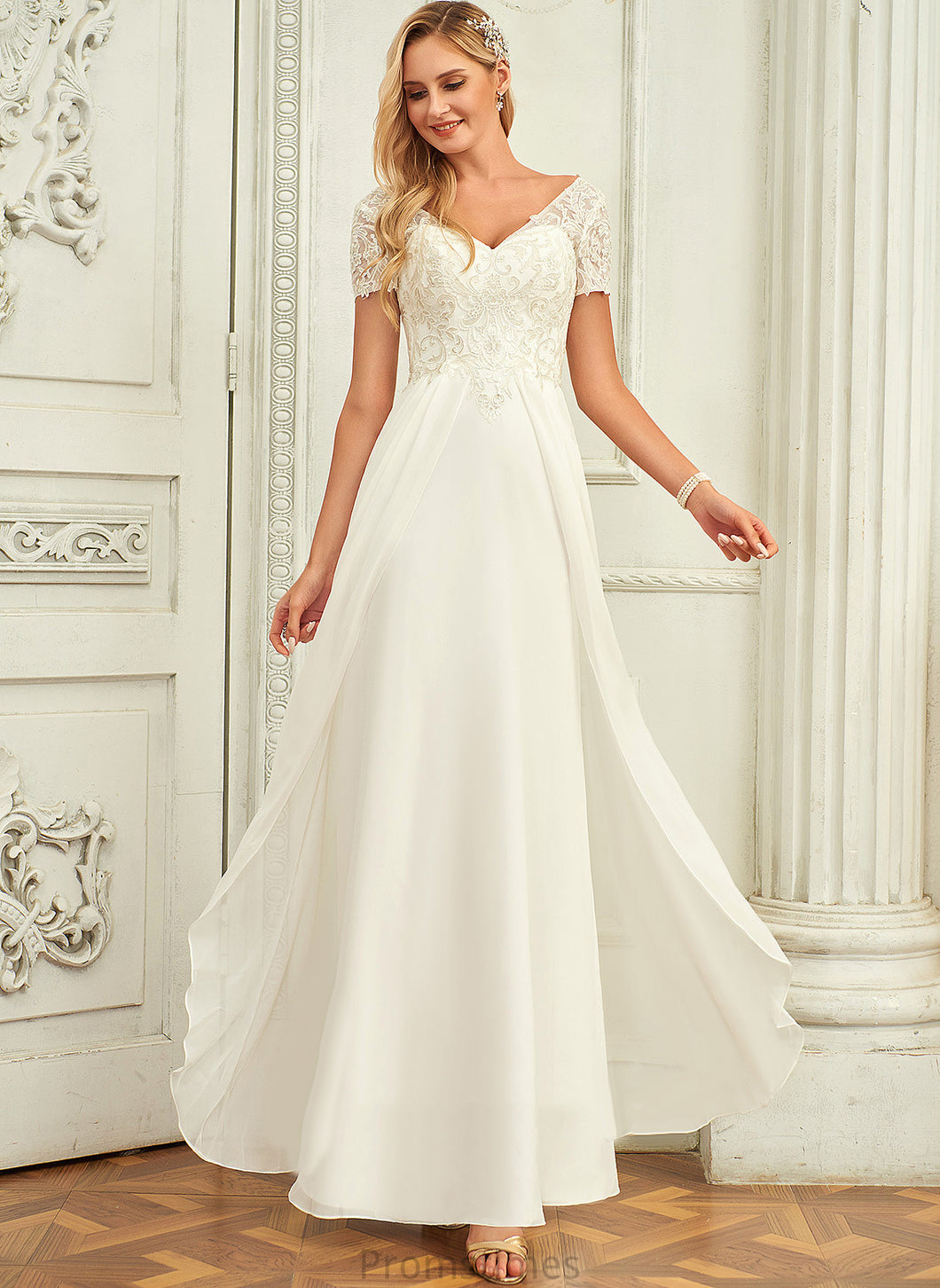 Dress A-Line Floor-Length V-neck Chiffon Wedding Wedding Dresses Elva