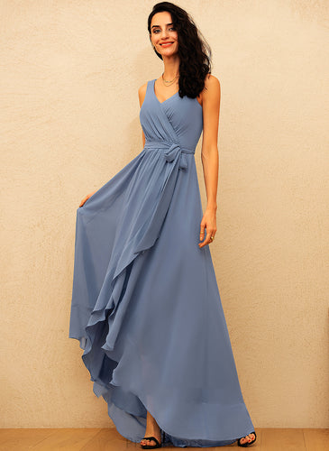 Bow(s) V-neck Chiffon Asymmetrical Ruffle Prom Dresses With A-Line Angela