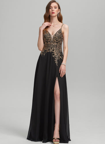 Front V-neck Split Lace Prom Dresses A-Line With Floor-Length Chiffon Fatima Sequins