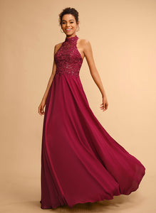 Myla Floor-Length A-Line Lace Halter Chiffon Prom Dresses Sequins With