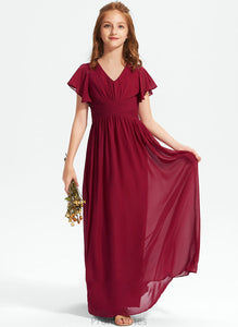 A-Line Junior Bridesmaid Dresses Chiffon V-neck Floor-Length With Kali Ruffle