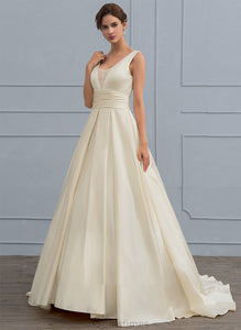 Dress With Train Skyler V-neck Wedding Sweep Satin Lace Ball-Gown/Princess Wedding Dresses