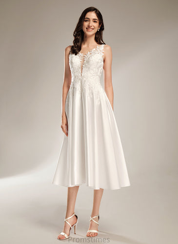 Pockets Dress A-Line With Lace Keely Wedding Satin Tea-Length V-neck Wedding Dresses