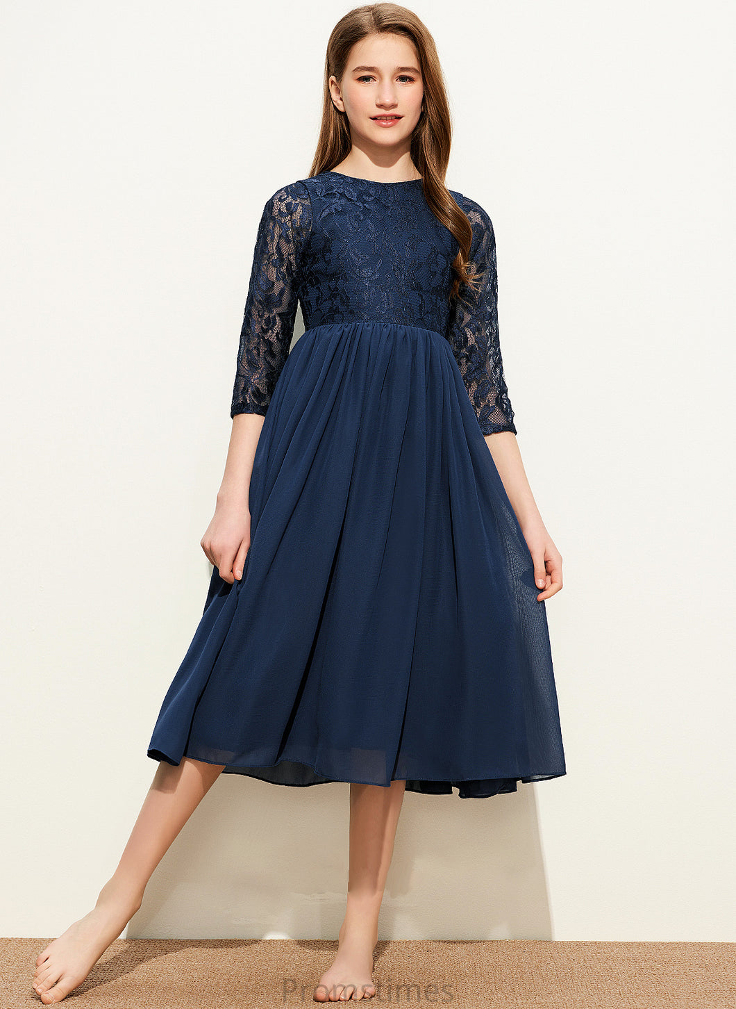 A-Line Anaya Tea-Length Lace Chiffon Neck Junior Bridesmaid Dresses Scoop