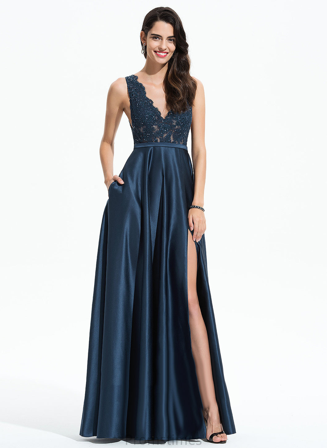 Prom Dresses Dahlia Floor-Length V-neck Sequins Lace A-Line With Satin