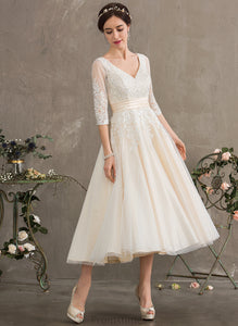 Ball-Gown/Princess Tulle V-neck Ida Wedding Tea-Length Dress Wedding Dresses