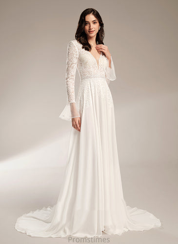 Court V-neck Train Ruffle Dress Chiffon Wedding Wedding Dresses With Lace A-Line Kaydence