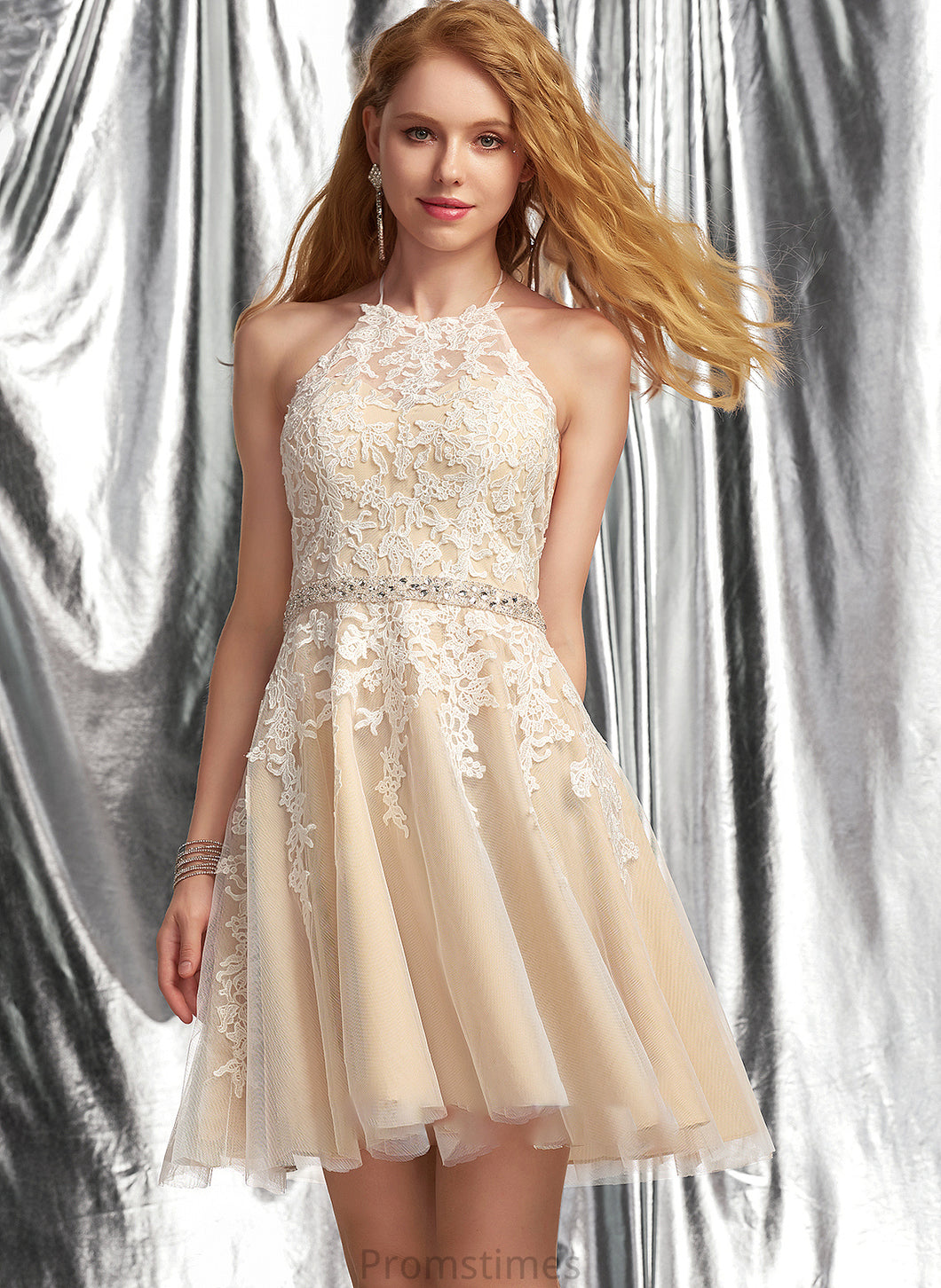 Lace A-Line With Tamara Tulle Sequins Prom Dresses Halter Beading Short/Mini