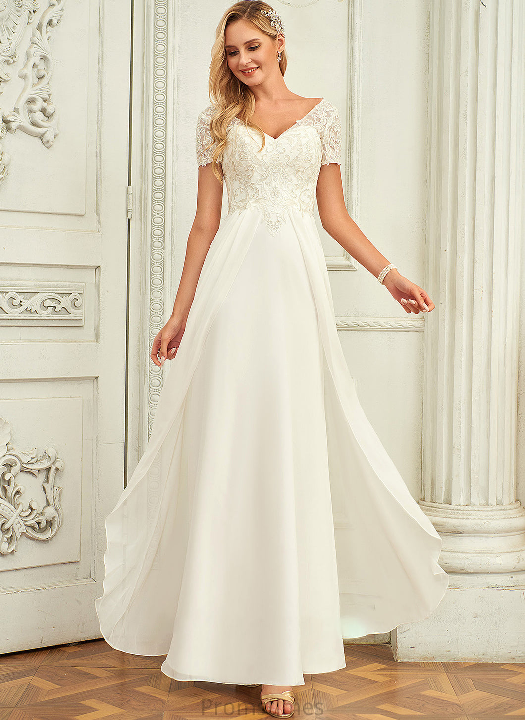 Lace Chiffon A-Line V-neck Leila Wedding Wedding Dresses Lace Floor-Length With Dress