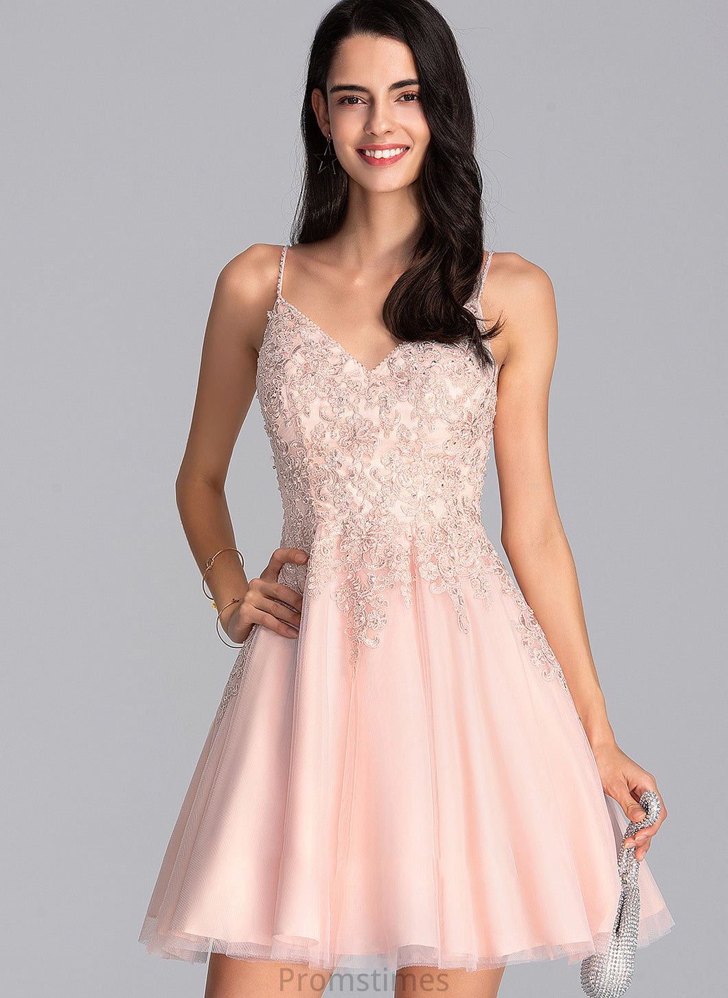 Adeline Beading With A-Line Sequins Tulle Short/Mini Prom Dresses V-neck